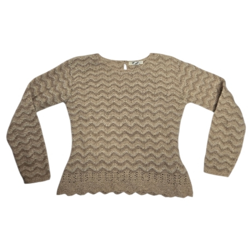 VINTAGE tan chevron scalloped hem wool sweater XS/2‎